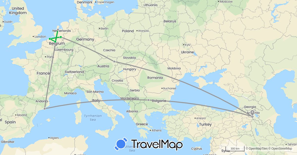TravelMap itinerary: driving, bus, plane in Armenia, Austria, Belgium, Bulgaria, Spain, Netherlands (Asia, Europe)