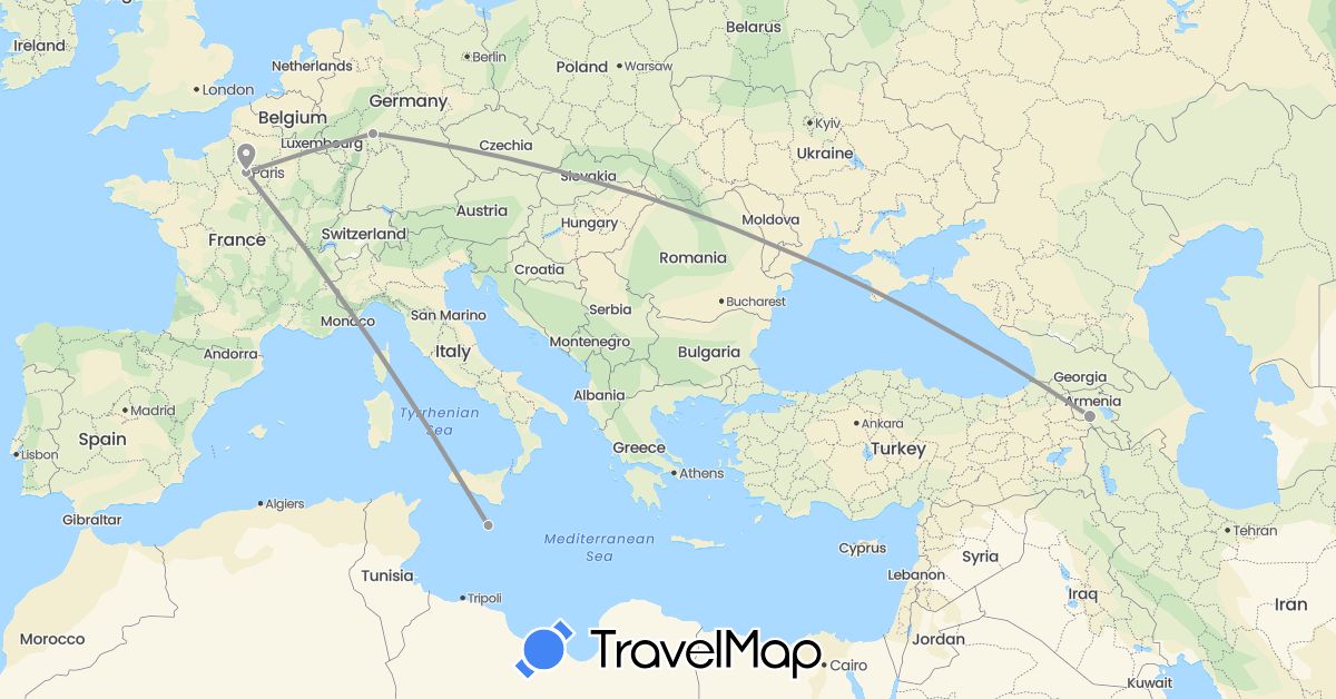 TravelMap itinerary: driving, plane in Armenia, Germany, France, Malta (Asia, Europe)